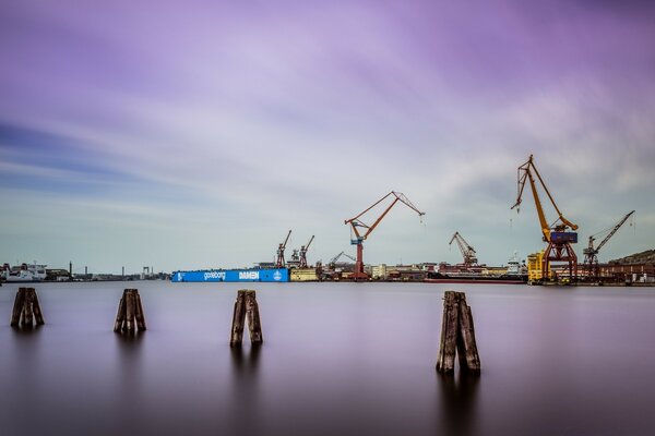 Gru industriali e container nel porto contro il cielo coperto e il mare calmo