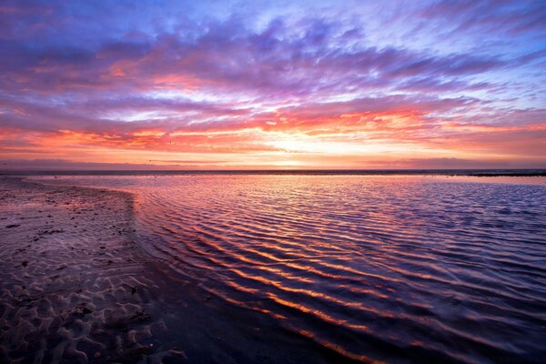 Pink sunset in the blue sky over the sea