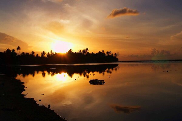 Anochecer y amanecer. Un sol dorado. Costa oscura