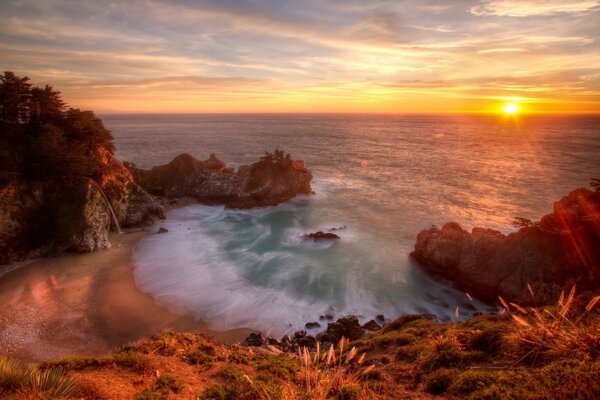 A bay in the ocean with a view of a colorful sunset