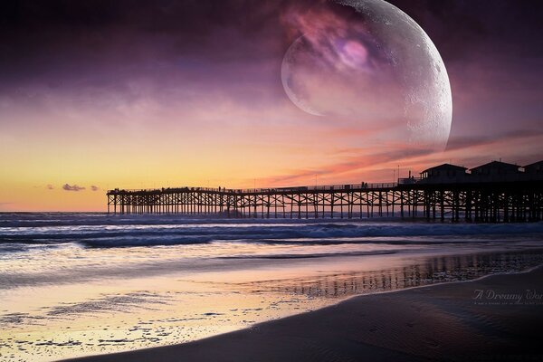 Muelle al atardecer en medio de una gran Luna