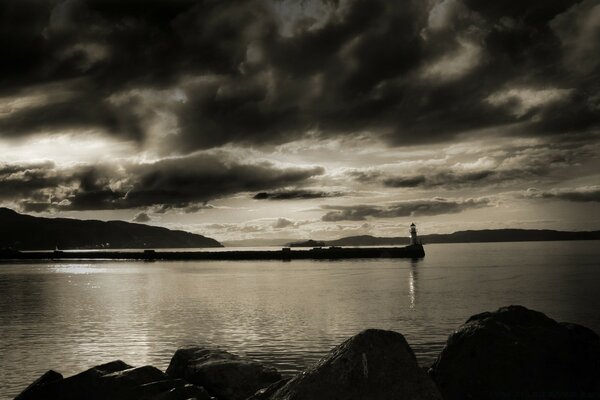 Rocky shore , sea , lighthouse