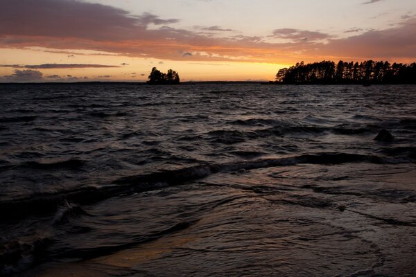 Sonnenuntergang , Meer und ein kleiner Waldboden