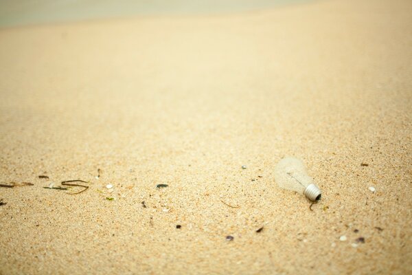 A broken light bulb with other debris on the sand