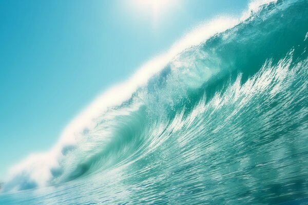 Bright turquoise wave, glaring in the sun in good weather