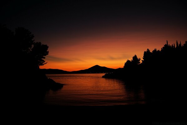 Tramonto fiume foresta crepuscolo