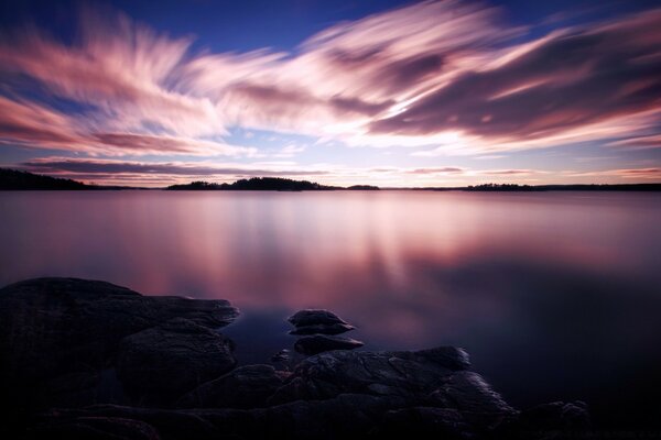 Pink sunset reflected in the lake