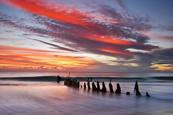 Silhuetas escuras na água ao pôr do sol