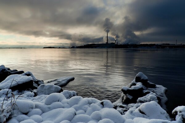 Cold landscape of lake and sky