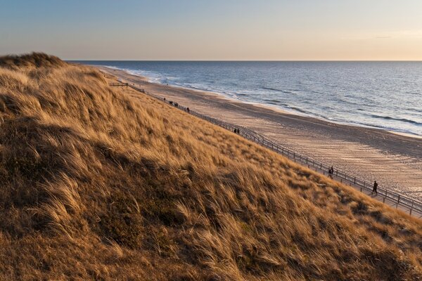 People walk on the bridge on the beach