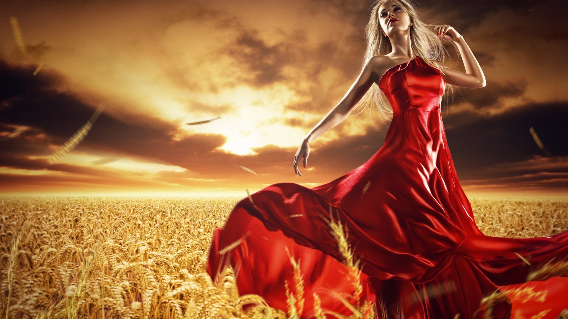 dressed girls gold nature sunset summer wheat sky woman