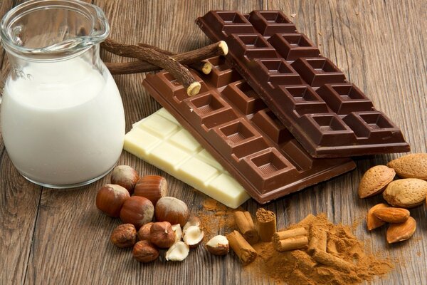 Milk, chocolate and nuts on a wooden table