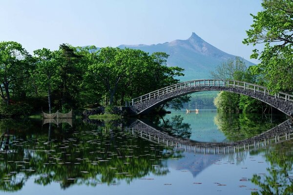 Pont réfléchi sur fond de montagne