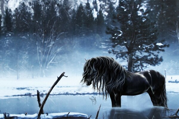 Unicornio de hadas en el bosque de invierno