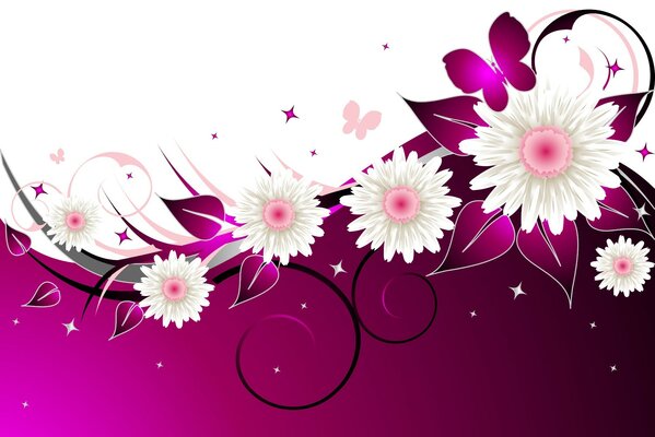 Pink and white picture with flowers and butterflies