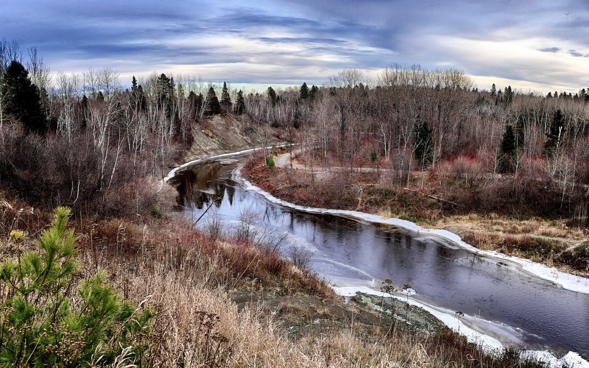 forest landscape water nature river wood tree outdoors lake scenic snow sky winter travel fall reflection stream park cold