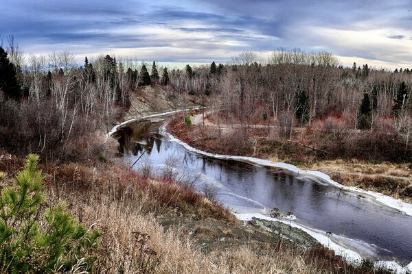 Winter river in a gloomy forest