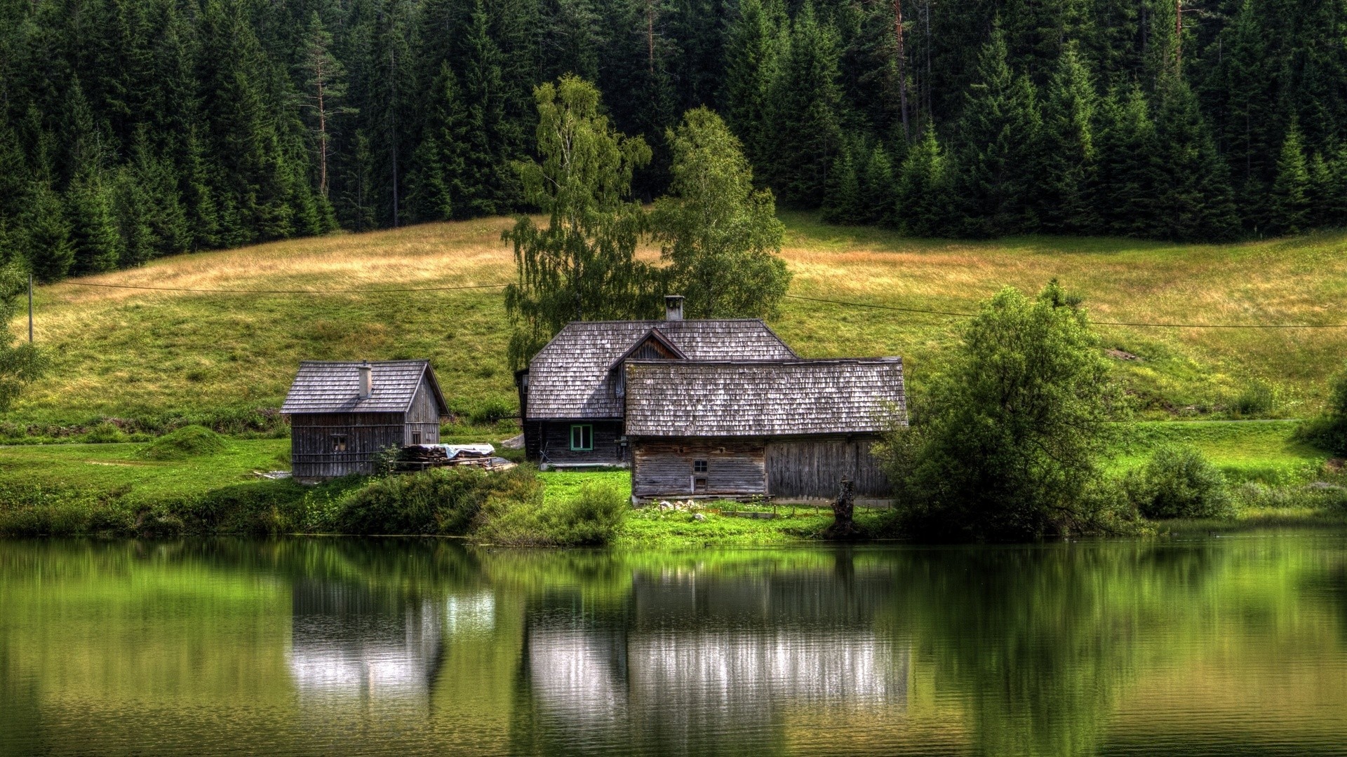 lake water barn wood house landscape outdoors grass tree bungalow scenic nature summer farm travel river rustic rural farmhouse