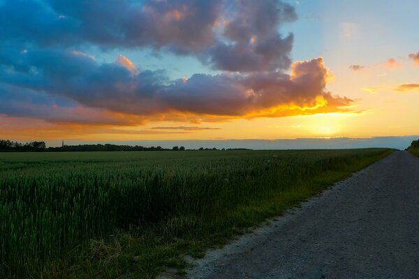 Sonnenuntergang auf einer Landstraße ohne Menschen