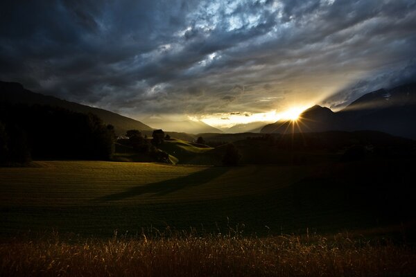 Sunset on a mountain-plain landscape