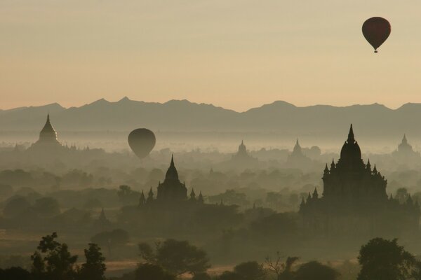 Retro dawn with balloon landscape