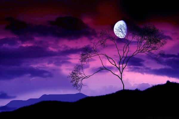 A white moon in a lilac-pink sky