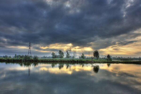 Beautiful landscape reflection of clouds in the lake