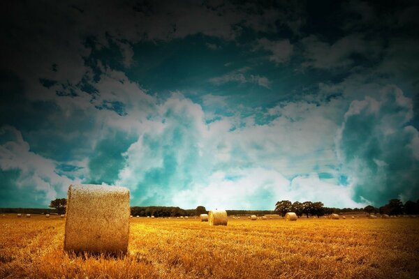 Strohballen auf Ackerland mit bewölktem blauem Himmel