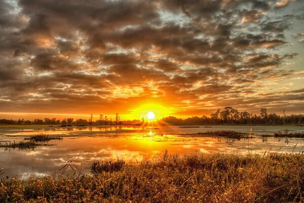 Le coucher du soleil se reflète dans un lac marécageux