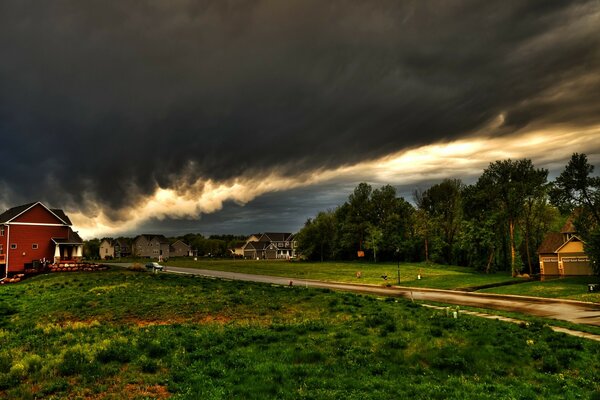 Norwegian-style house against a stormy sky