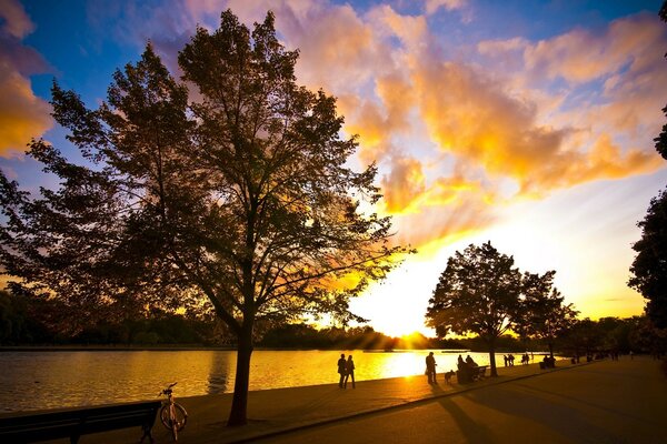 People strolling on the embankment under the light of the sunset transparent grono