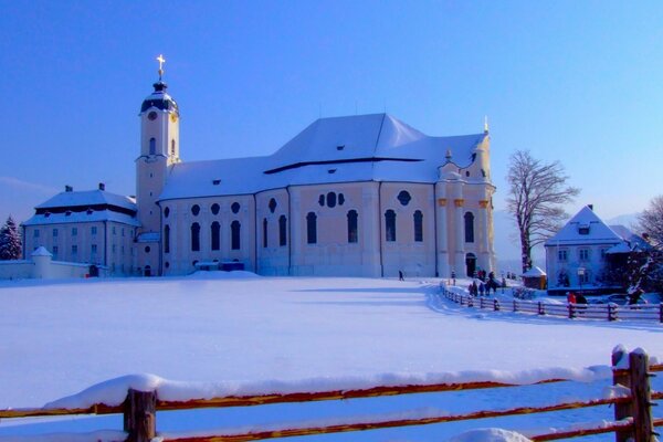 Beautiful building in winter in clear weather