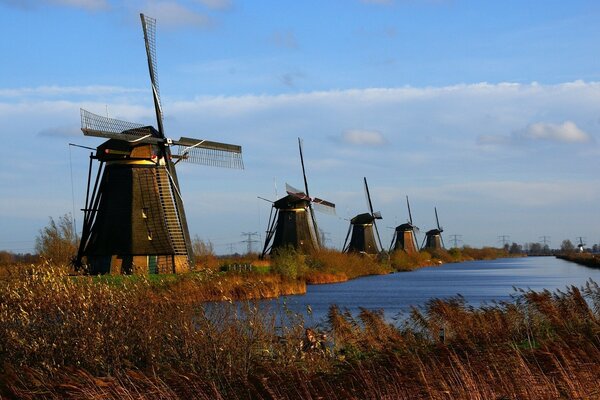 Windmills along the river in the autumn landscape