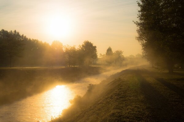 Die Morgensonne spiegelt sich in den See