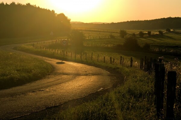 Foto do amanhecer sinuoso estrada grama primeiros raios do sol