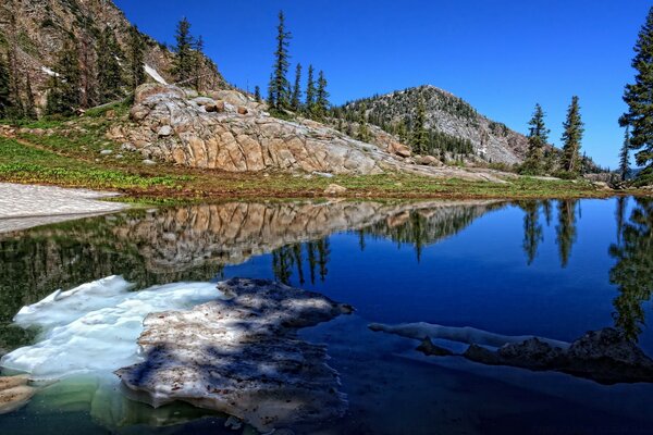 Lago de montaña transparente con fondo de rocas y árboles de piedra