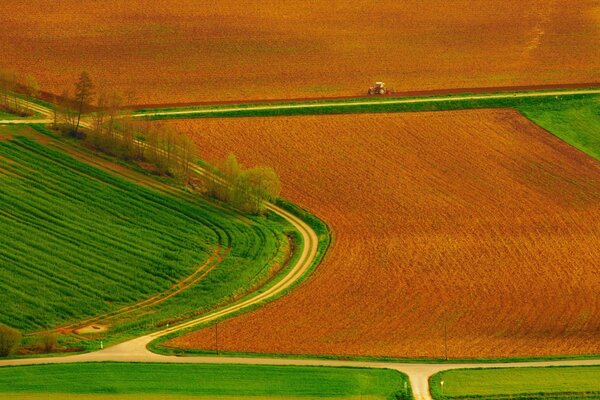 Vista a Volo d uccello a contrasto di campi e prati