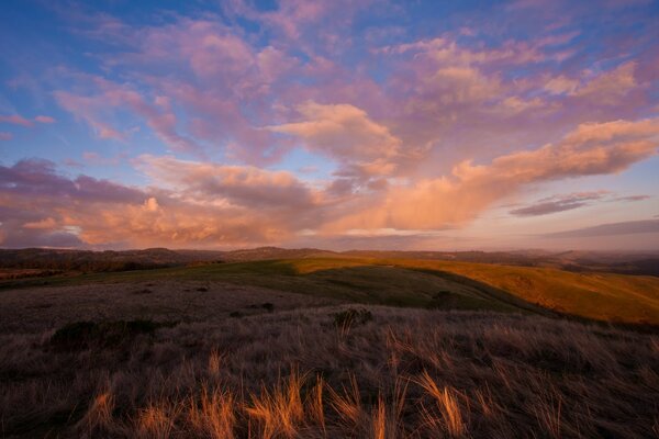 Schöner Sonnenuntergang in der Natur. Großzügiges Feld bei Sonnenuntergang