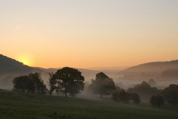 Drohender Nebel und Sonnenuntergang