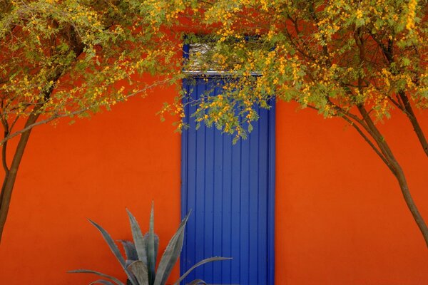 Autumn landscape with a blue door