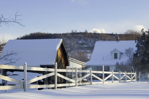 Winter landscape of village houses