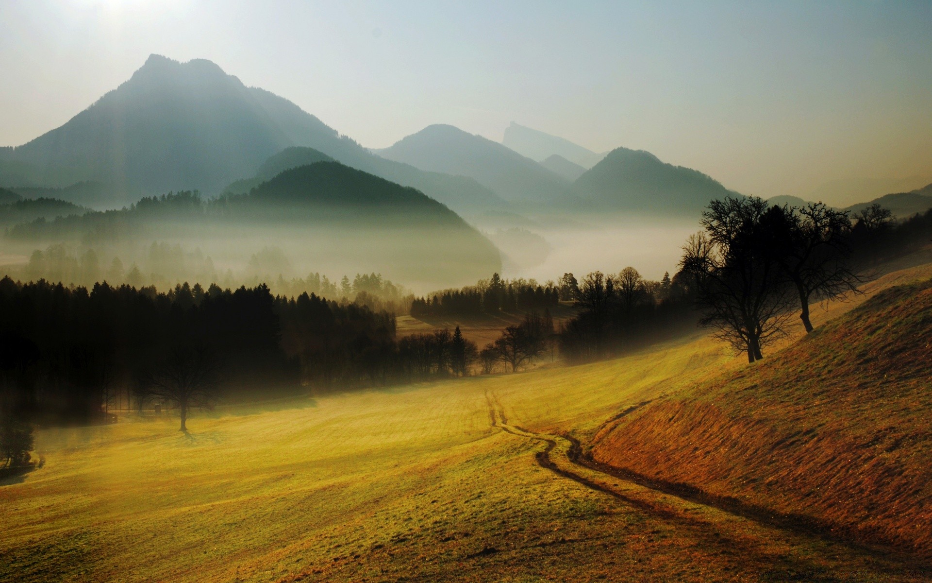 montagnes coucher de soleil paysage aube brouillard montagnes nature voyage brouillard ciel à l extérieur soir arbre vallée