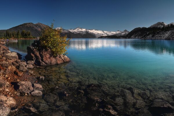 The river at the foot of the snowy mountains