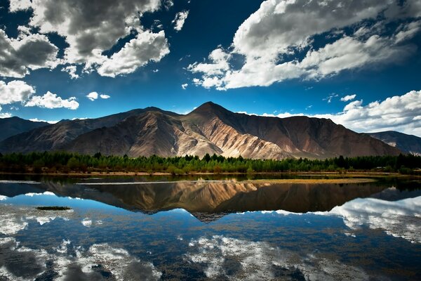 White clouds float over the lake