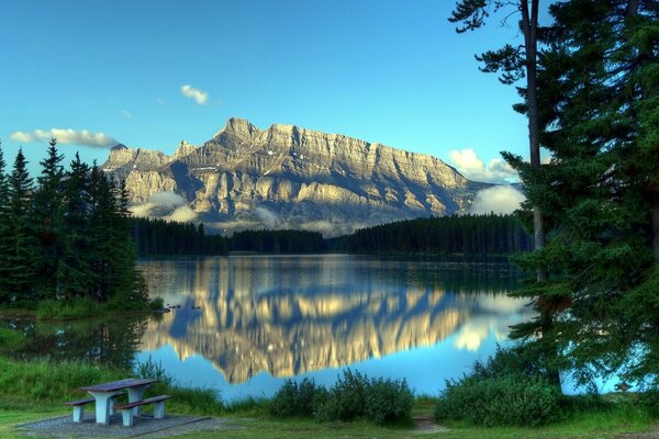 Riflessione delle montagne nel lago della foresta