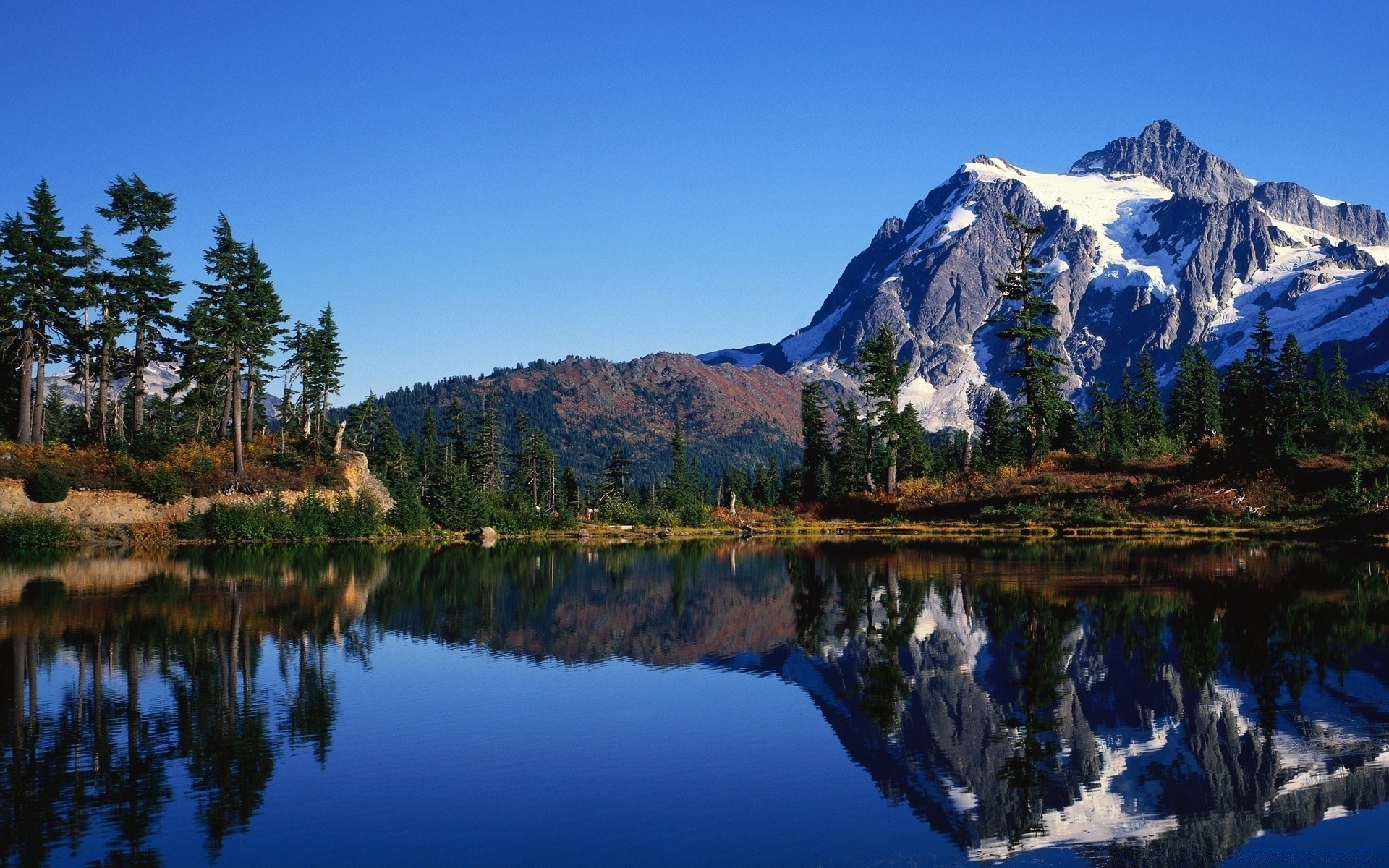 lake reflection water mountain nature outdoors landscape travel scenic sky snow wood