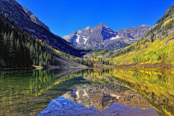 Reflection of mountain rocks in the lake