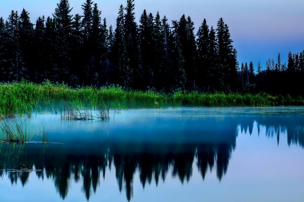 Gloomy lake at sunset