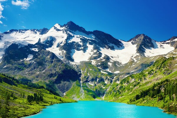 Mountain snow flows into the blue lake