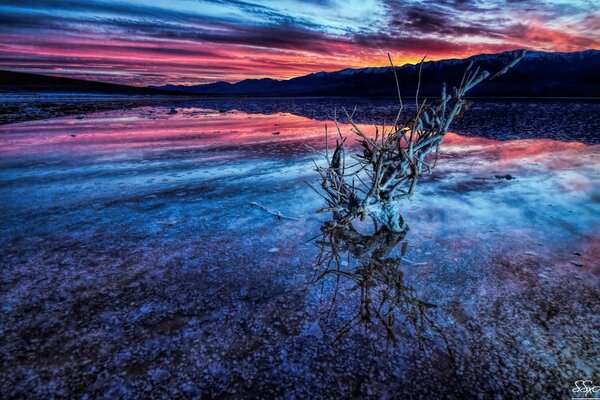 Paisaje del lago en la penumbra al atardecer